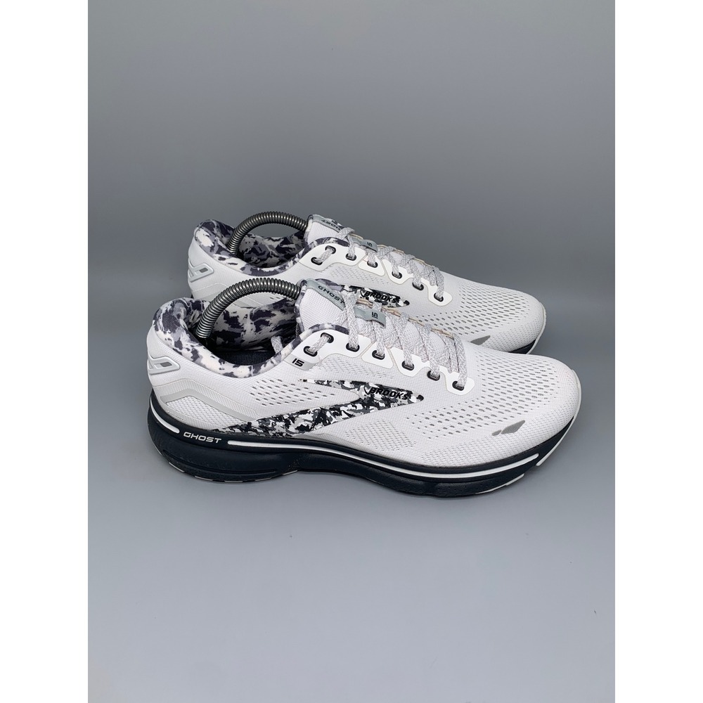 Brooks Ghost 15 White Black Grey Camo Running Shoes 1203801B149 Women's Sz 11 - Picture 1 of 10